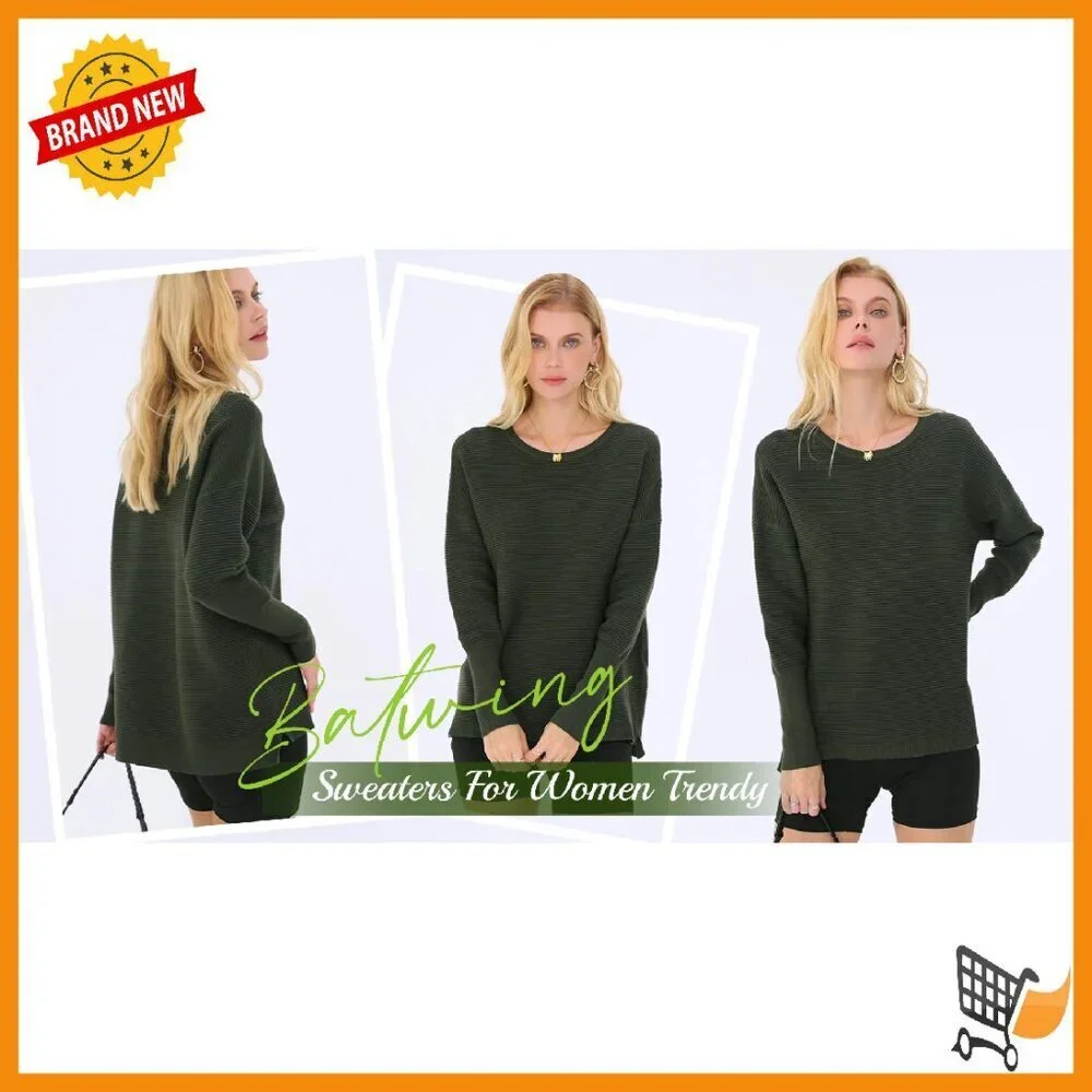Cozy Ribbed Knit Pullover Sweater Loose Fit Batwing Sleeves Side Slits